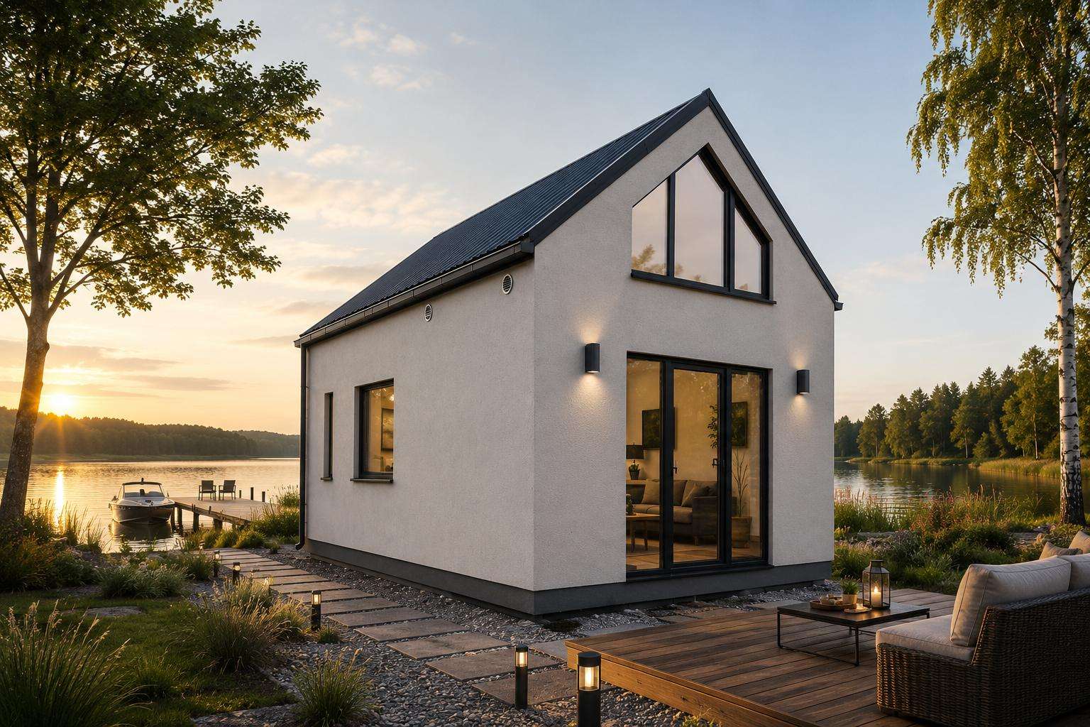 Koncepcja domu modułowego ECO BUILD nad jeziorem